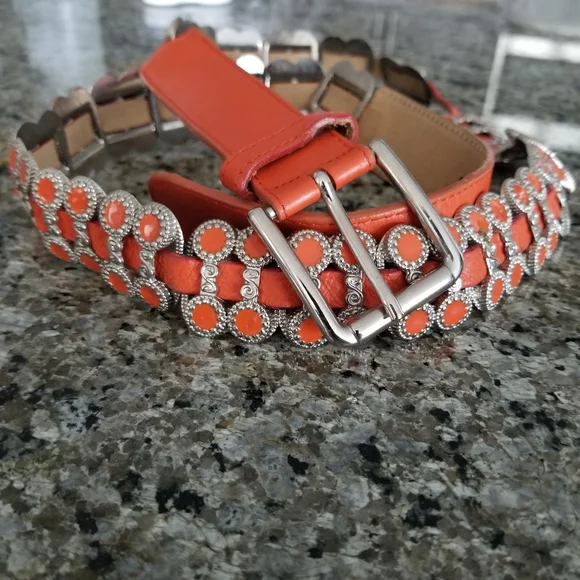 Vintage Rare Berge Orange Genuine Italian Leather And Metal Belt